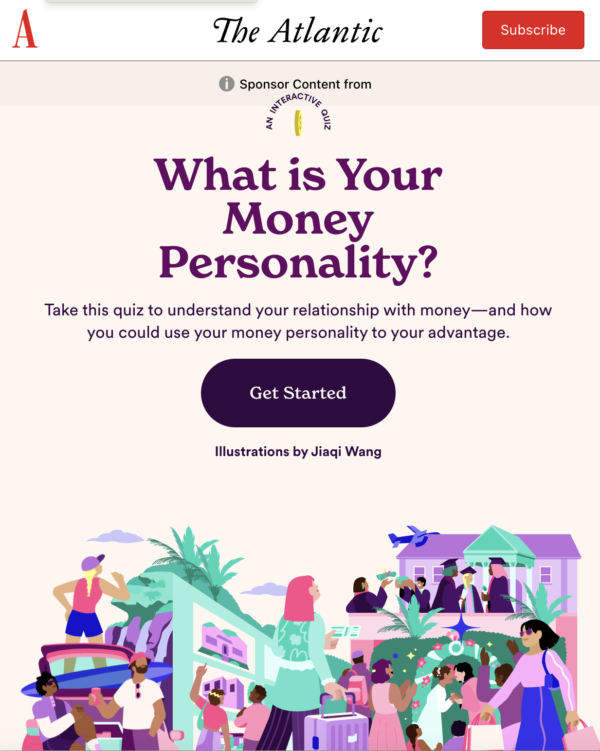 The start page of a colorful interactive quiz from Ally Financial and The Atlantic.