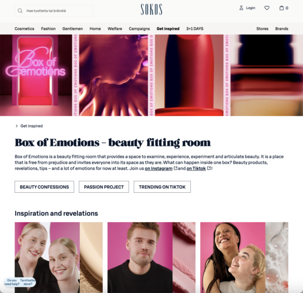 This screenshot of the Box of Emotions campaign’s home on the Sokos website shows the namesake box (a physical “fitting room” for beauty products) and images of beauty products in shades of pink and red.