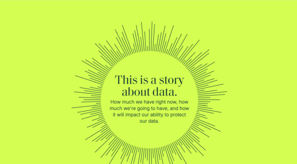 A paragraph of text surrounded by a starburst image representing the explosion of data from an interactive security report on the Rubrik Zero Labs website. 