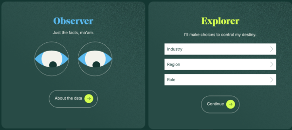 Two page options, Observer and Explorer, give the user a choice of how to engage with the data.