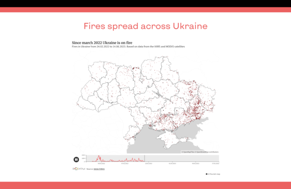 A simple map of Ukraine (the outline of the country and the regions it encompasses) can interactively fill with red dots to represent where fires have occurred.