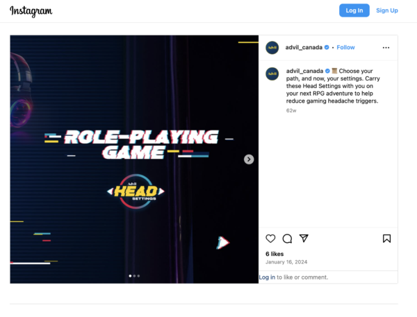 Screenshot of Advil Canada's Instagram Carousel of video game settings.